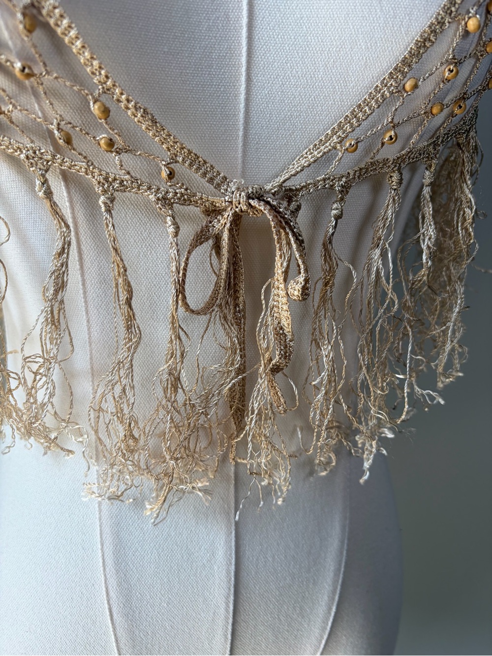 Boho Wooden Beaded Crochet Fringe Net Wrap Convertible Shawl Hip Scarf Festival - Picture 13 of 13